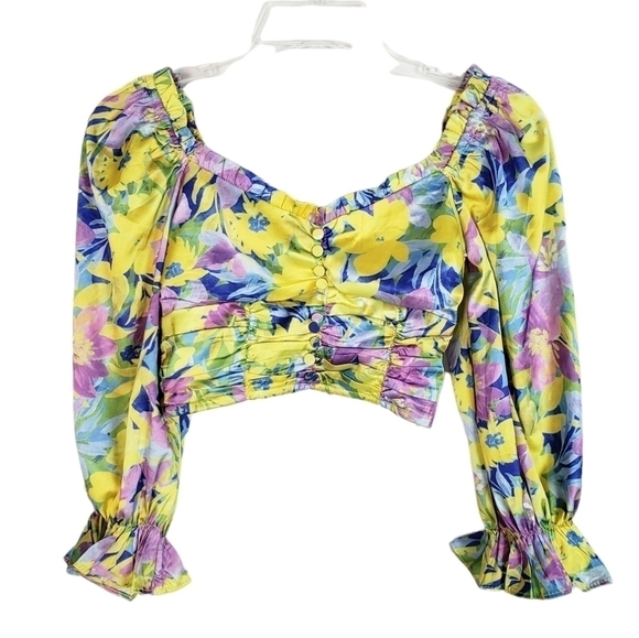 SUNDAY UP Don't Worry Be Happy floral print ruched crop top - Picture 1 of 6